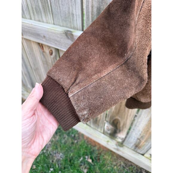 Vintage Suede Bomber Jacket Leather Collar Plaid Lining Brown Size M - Picture 10 of 10